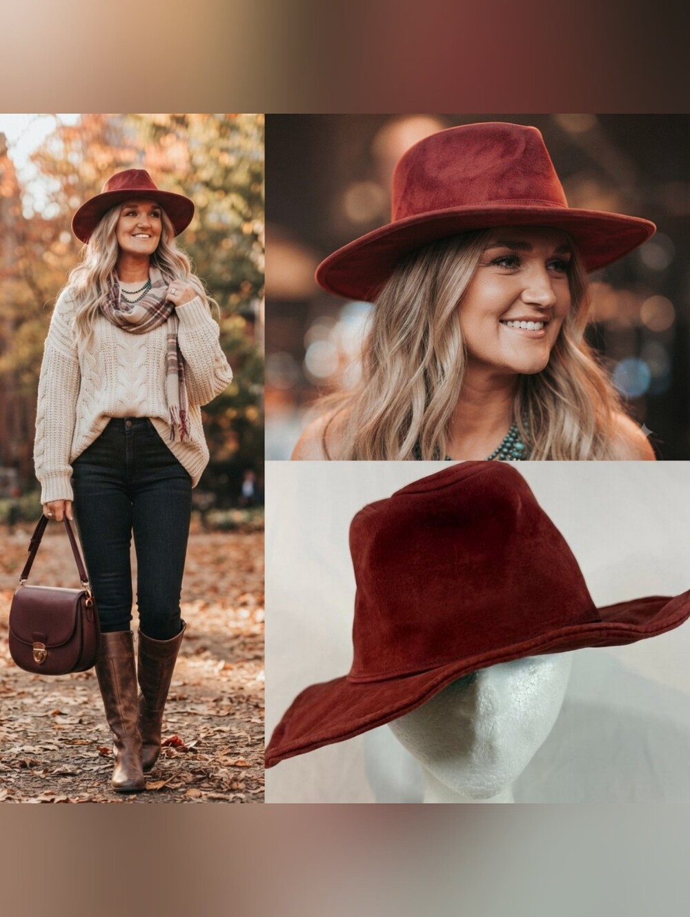 Peter Grimm Burgundy Red 100% Leather Fedora Wide Brim Boho Felt Hat OS